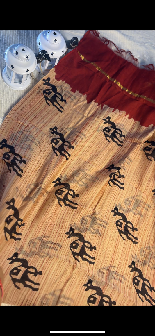 Bagru Hand Block Printed Chanderi Dupatta -Camel & Maroon