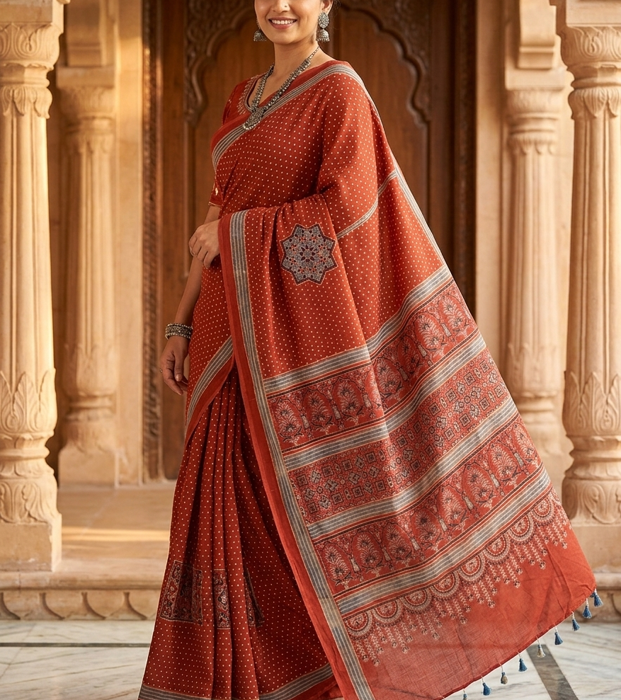 Ajrakh Saree · Terracotta Red with Indigo & Blue Tassels
