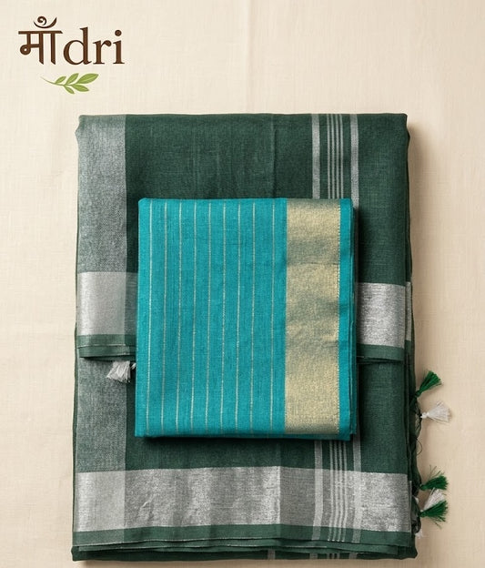 Linen : Forest & Silver · Handwoven Linen Tissue Saree · Pine Green with Turquoise Blouse