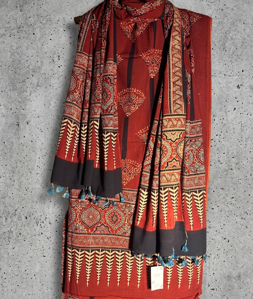Ajrakhpur Hand Block Cotton Suit Set fabric — Terracotta & Indigo