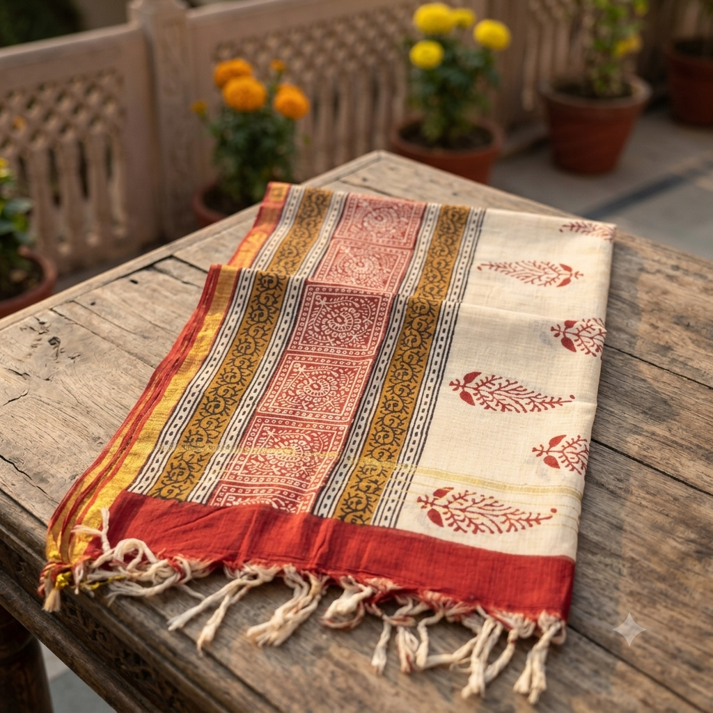 Bagru Hand Block Print Dupatta- Ivory & Madder Red