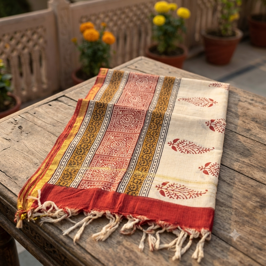 Bagru Hand Block Print Dupatta- Ivory & Madder Red