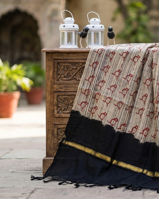 Bagru × Chanderi hand block printed Dupatta - Madder Red on Ivory