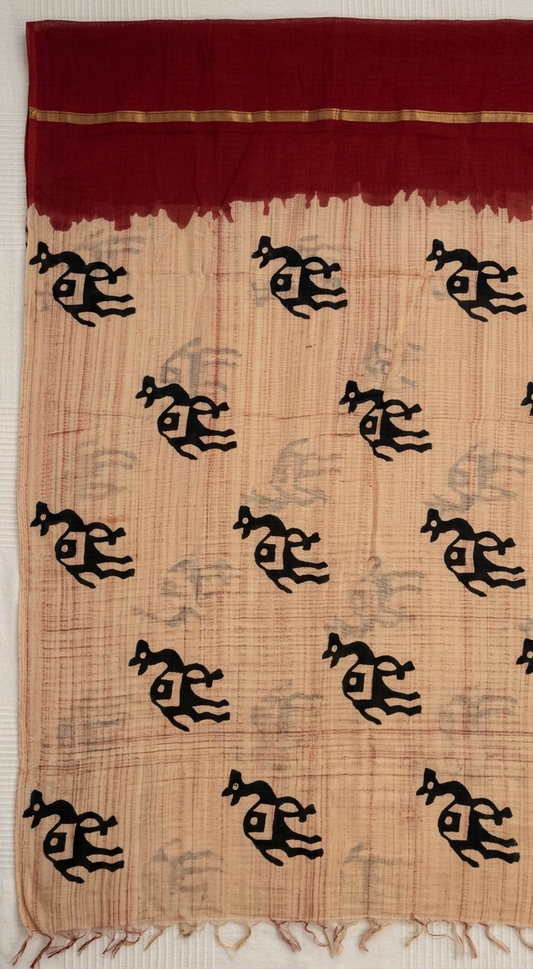 Bagru Hand Block Printed Chanderi Dupatta -Camel & Maroon