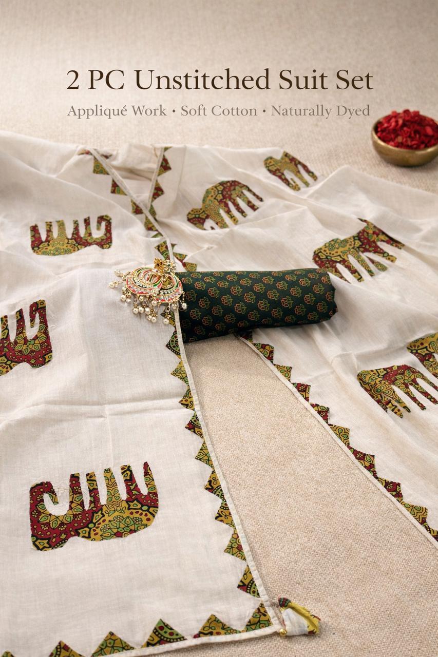 Premium green 2 Pc Cotton Suit Set with natural dye and Appliqué & Handcrafted Dupatta