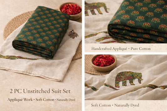 Timeless Ajrakh Kurta fabric Artistic Appliqué Dupatta : Green