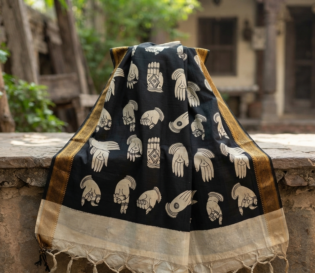 Hastamudra - Black Bangalore Silk Kalamkari Dupatta with Zari Border