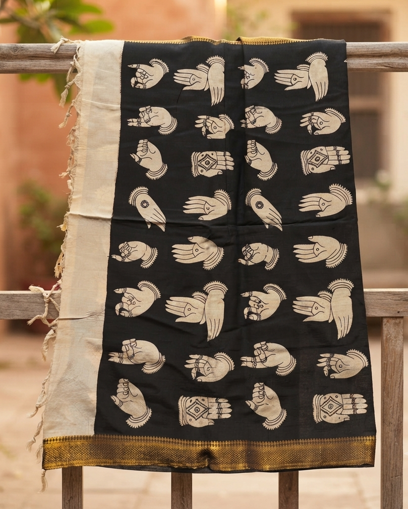 Hastamudra - Black Bangalore Silk Kalamkari Dupatta with Zari Border