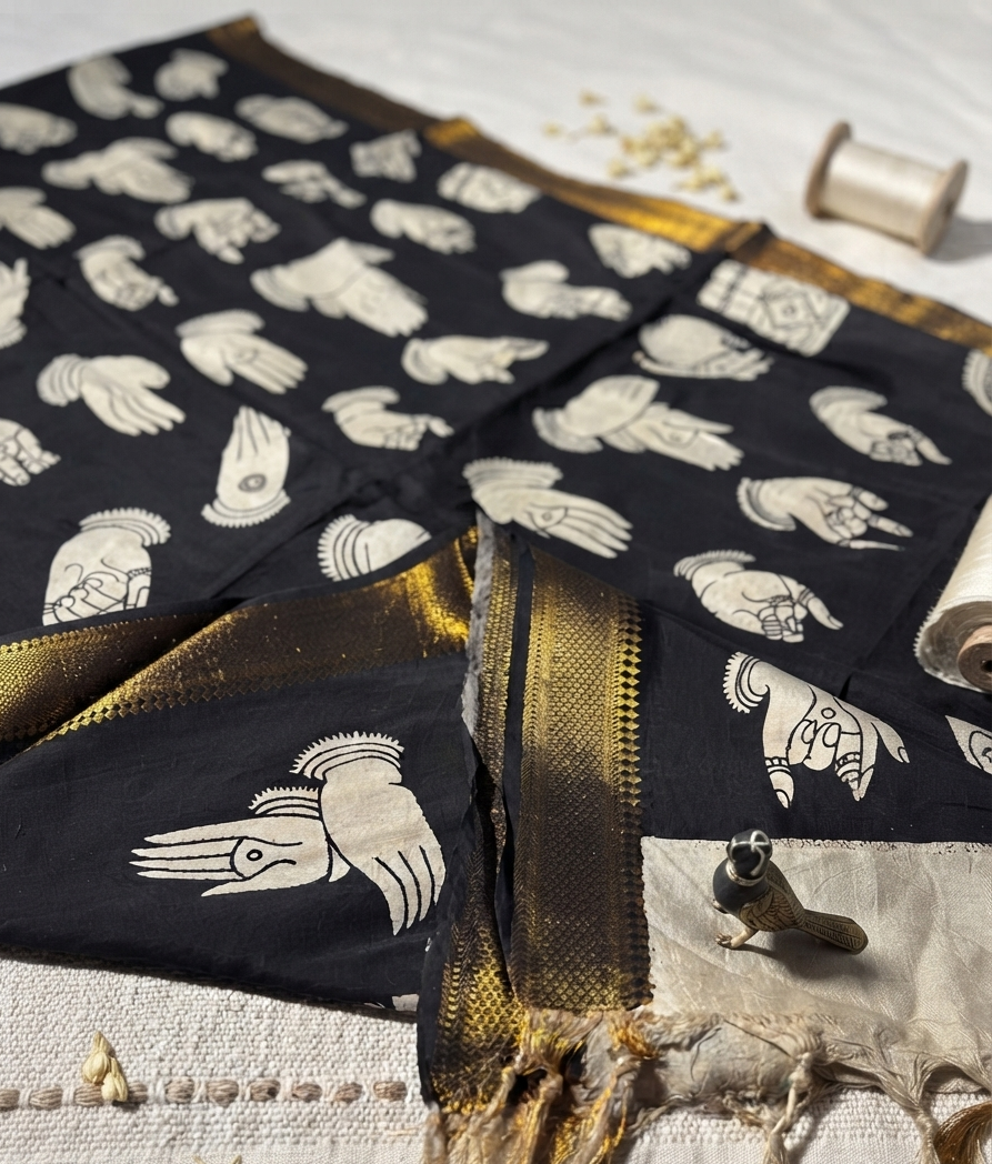 Hastamudra - Black Bangalore Silk Kalamkari Dupatta with Zari Border