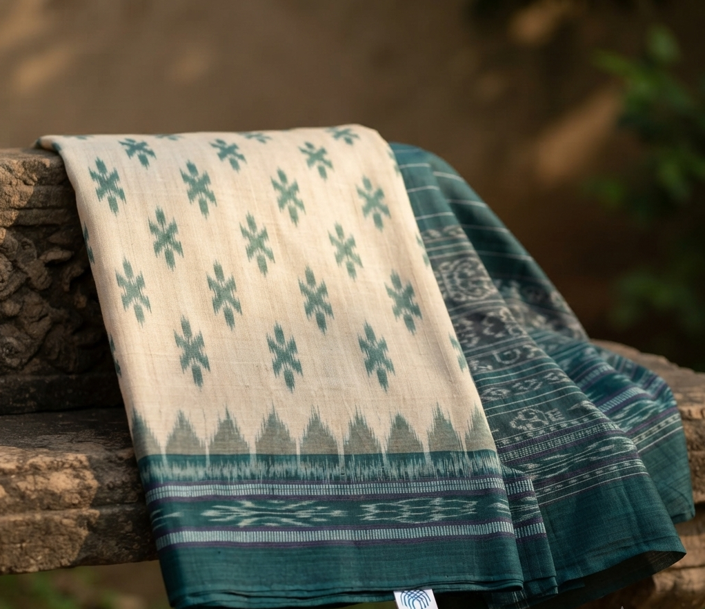 andwoven Sambalpuri Ikat Cotton Saree in Ivory & Peacock Teal