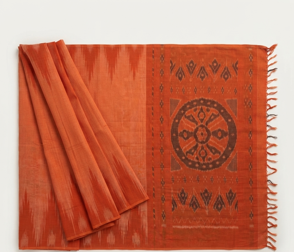 Sambalpuri Ikat Cotton Saree - Rust Orange with Charcoal Wheel Medallion Pallu