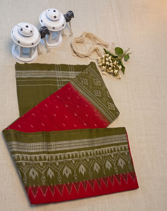 Sambalpuri Ikat Cotton Dupatta - Olive & Vermilion
