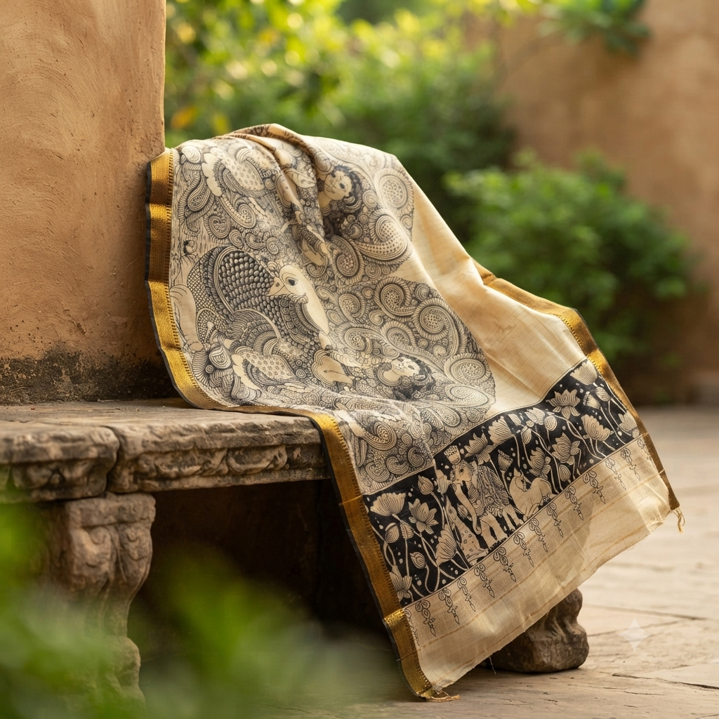 Bangalore Silk Kalamkari Hand-Painted Dupatta - Peacock & Lotus, Ivory and Black