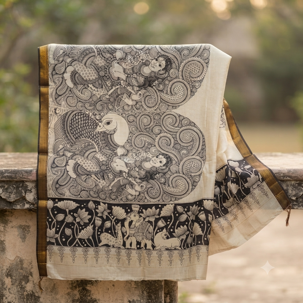 Bangalore Silk Kalamkari Hand-Painted Dupatta - Peacock & Lotus, Ivory and Black