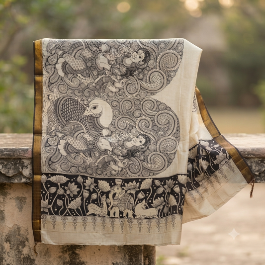 Bangalore Silk Kalamkari Hand-Painted Dupatta - Peacock & Lotus, Ivory and Black