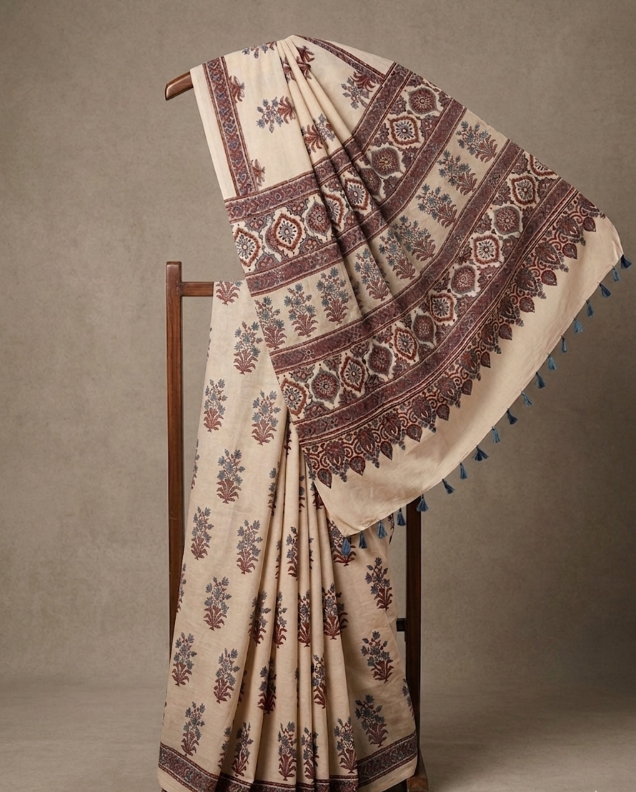 Ajrakh Saree · Cream-Beige with Rust & Indigo