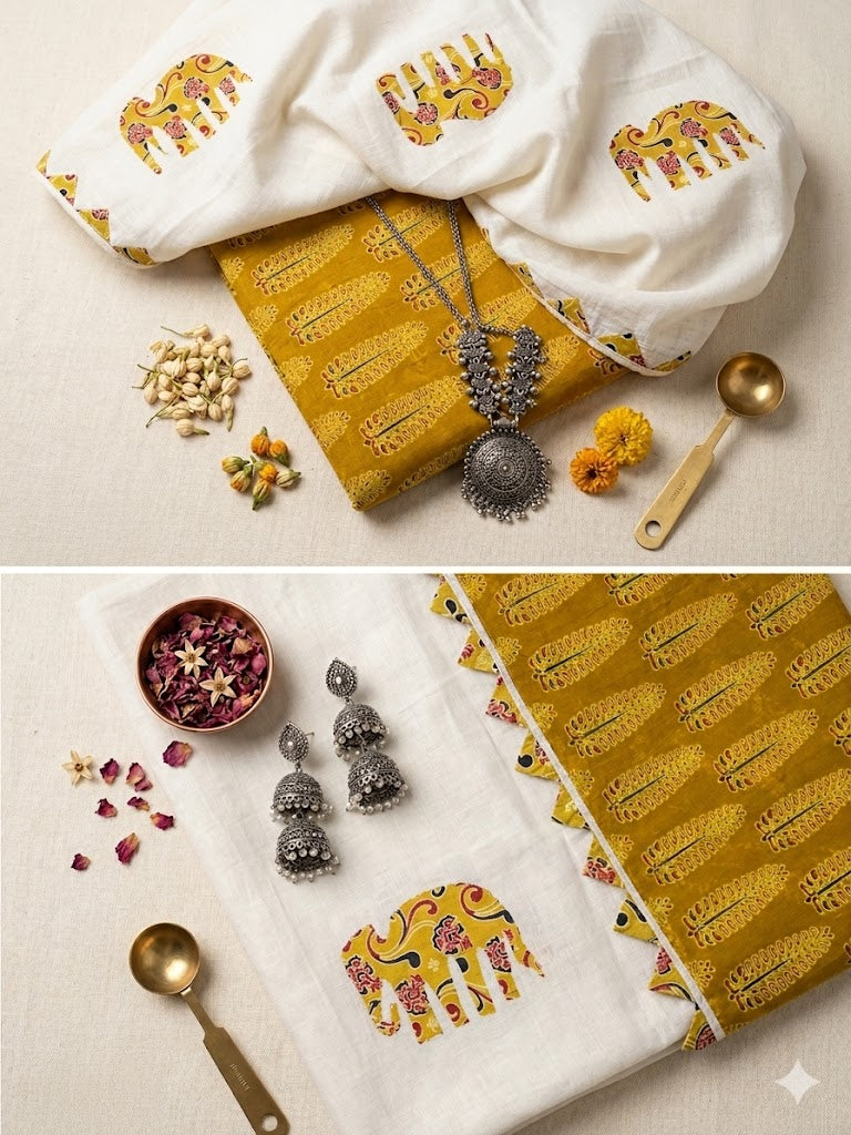 2pc premium mustard suit set, cotton block printed kurta and applique dupatta