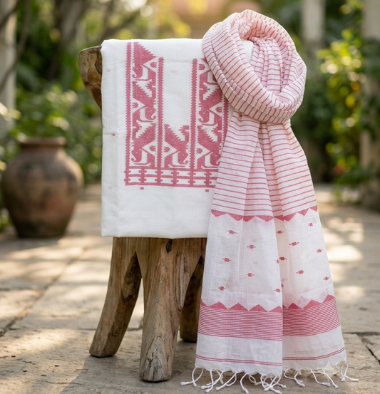 Handwoven Jamdani Kurta Fabric with Dupatta — Ivory & Madder Red
