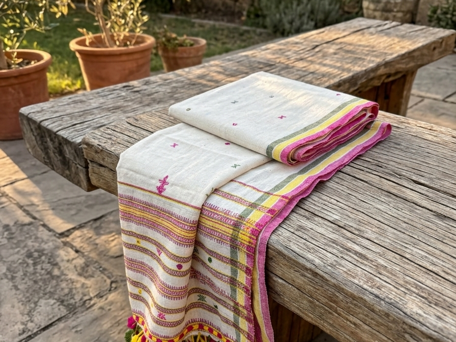Bhujodi Handwoven Dupatta- Ivory with Magenta, Yellow & Olive