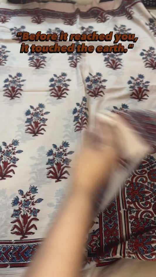Ajrakh Saree · Cream-Beige with Rust & Indigo