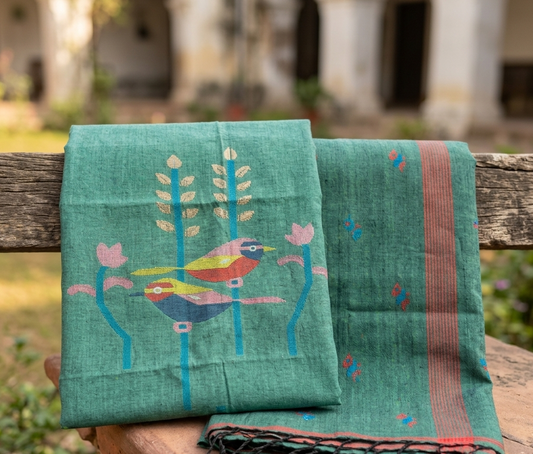 Jamdani Handwoven Cotton Kurta Fabric with Dupatta - Sea Green & Rust Birds