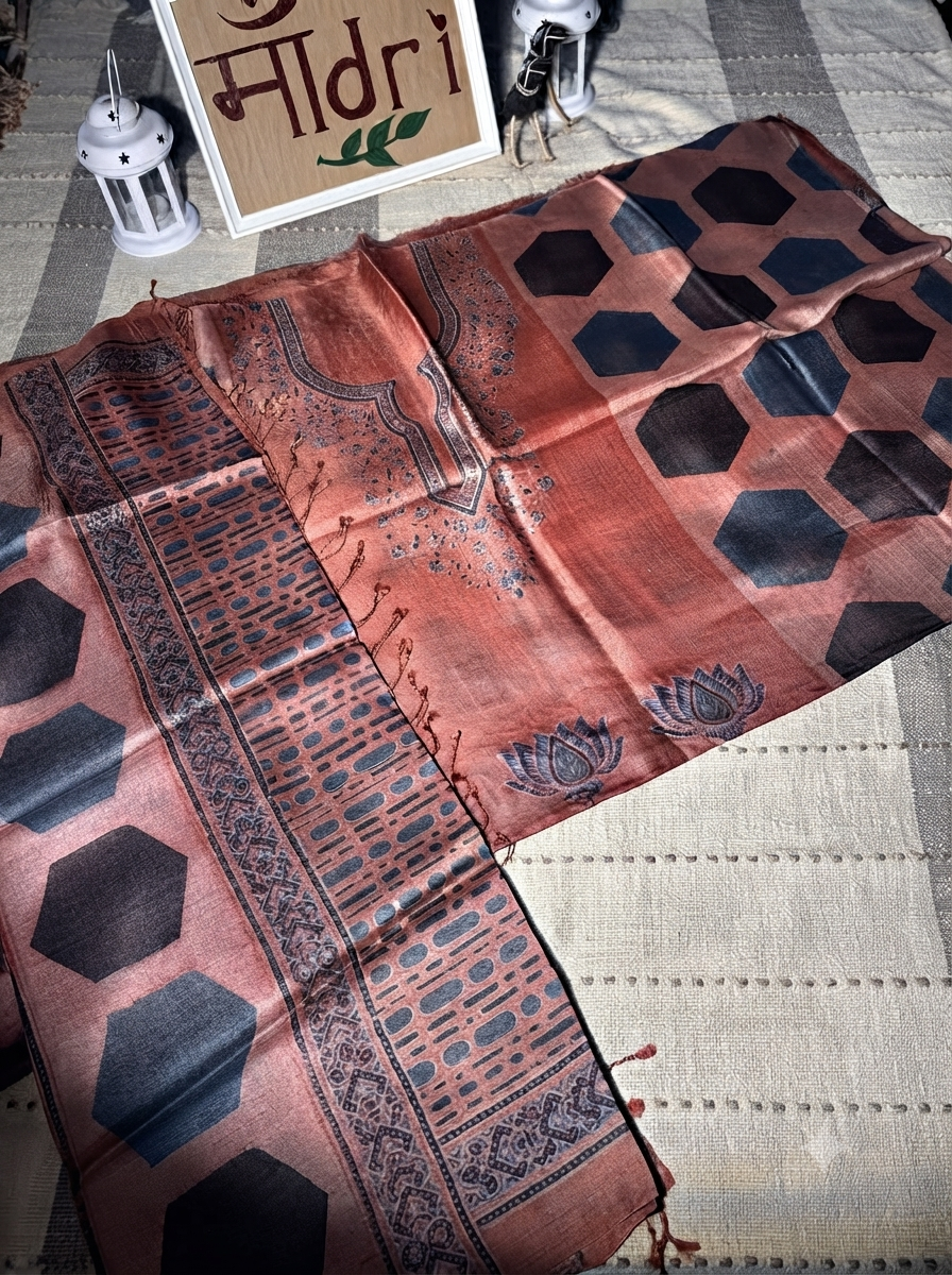 Terracotta Jharokha Handwoven Ajrakh Tussar Kurta Fabric with Dupatta