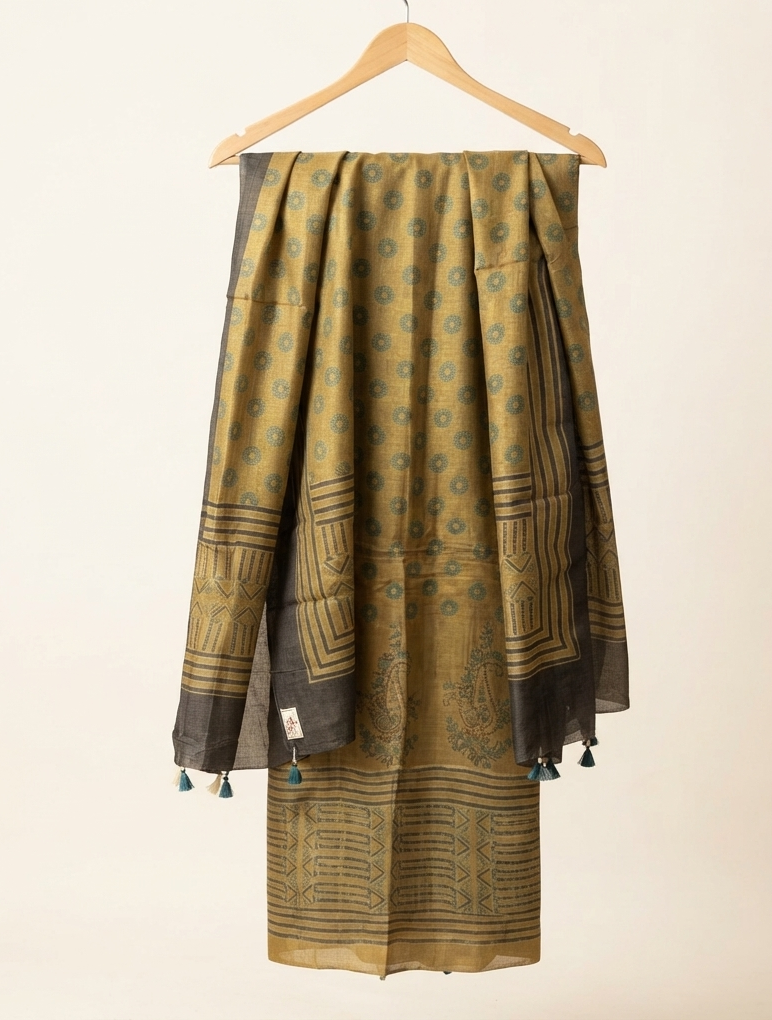Handblock Ajrakh Tussar Kurta Fabric & Dupatta, Sand Gold with Teal