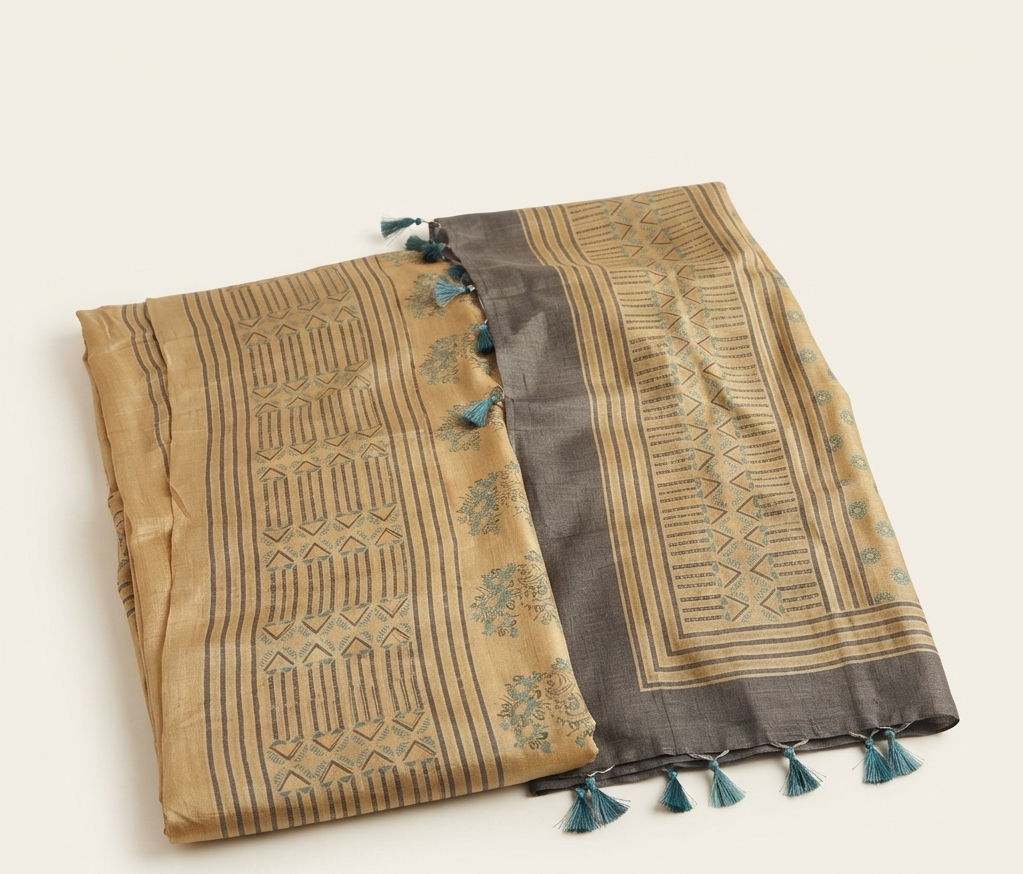 Handblock Ajrakh Tussar Kurta Fabric & Dupatta, Sand Gold with Teal