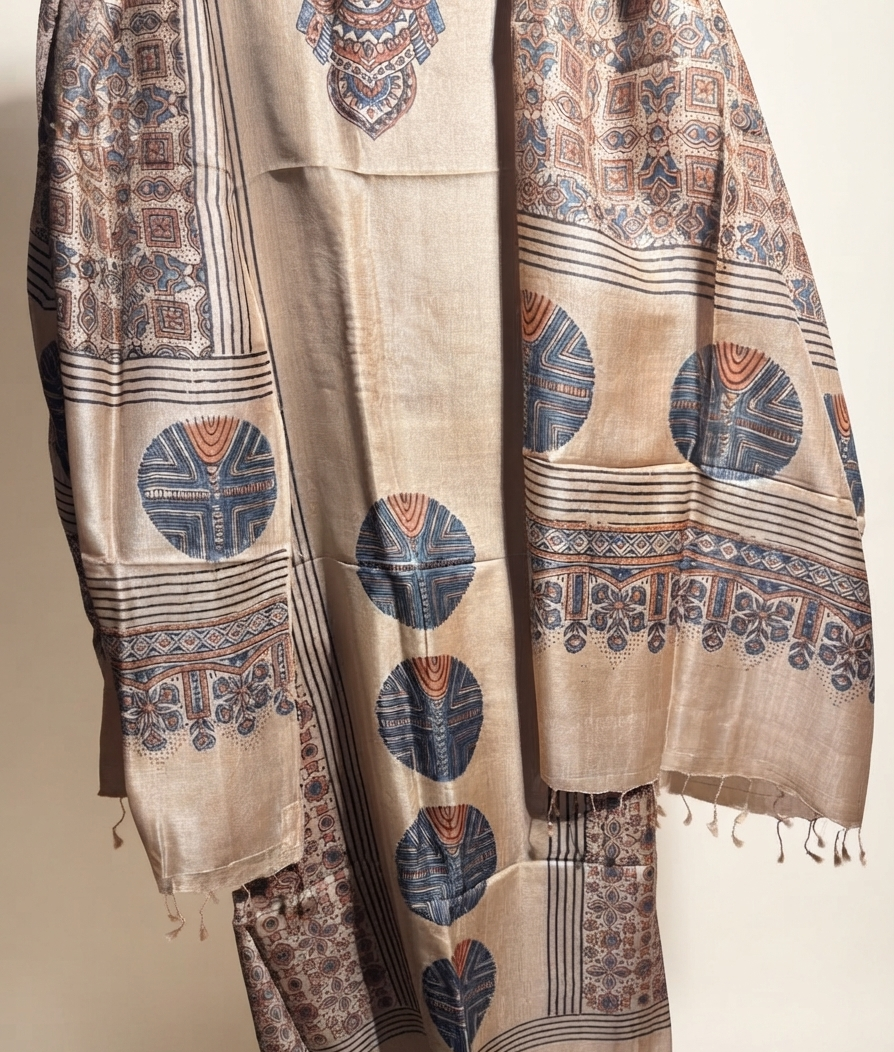 Ajrakh Tussar Unstitched Kurta Fabric with Dupatta - Rust with Indigo on Natural Beige