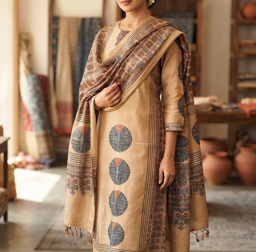 Ajrakh Tussar Unstitched Kurta Fabric with Dupatta - Rust with Indigo on Natural Beige