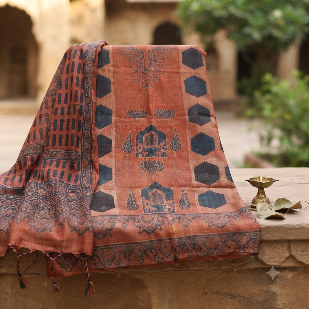 Terracotta Jharokha Handwoven Ajrakh Tussar Kurta Fabric with Dupatta