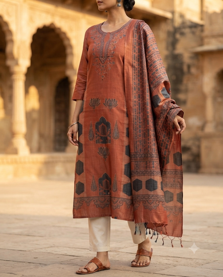 Terracotta Jharokha Handwoven Ajrakh Tussar Kurta Fabric with Dupatta
