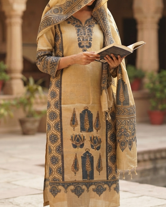 Ajrakhpur Handwoven/ Hand Block Printed Tussar Silk kurta fabric with dupatta ,Indigo & Ochre