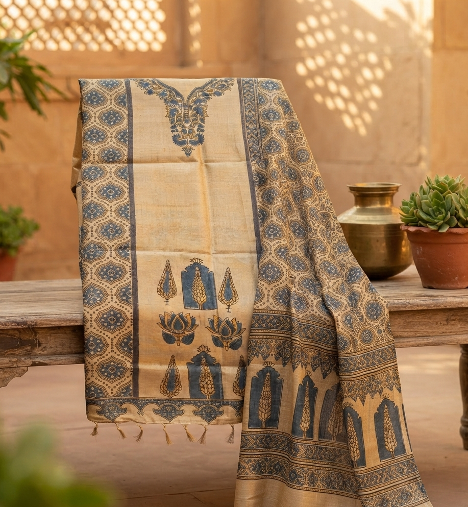 Ajrakhpur Handwoven/ Hand Block Printed Tussar Silk kurta fabric with dupatta ,Indigo & Ochre
