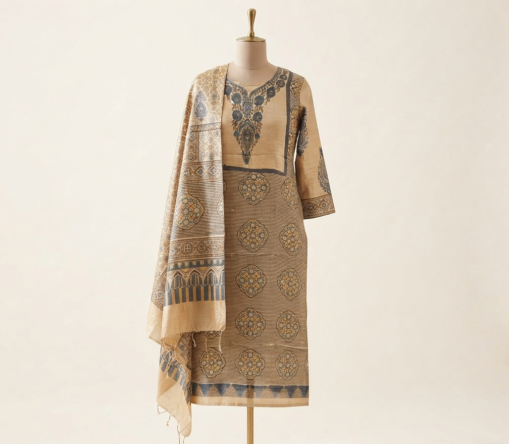 Ajrakh HandWoven Tussar Kurta & Dupatta, Indigo & byrd beige