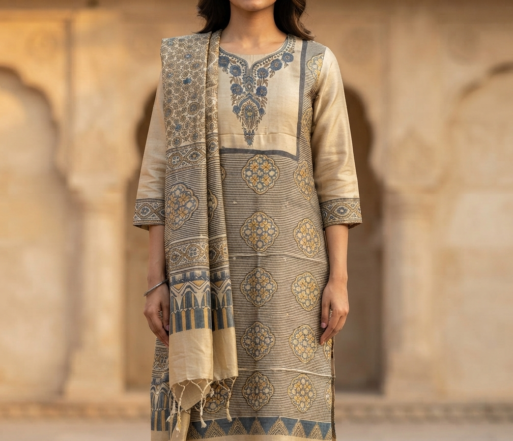 Ajrakh HandWoven Tussar Kurta & Dupatta, Indigo & byrd beige