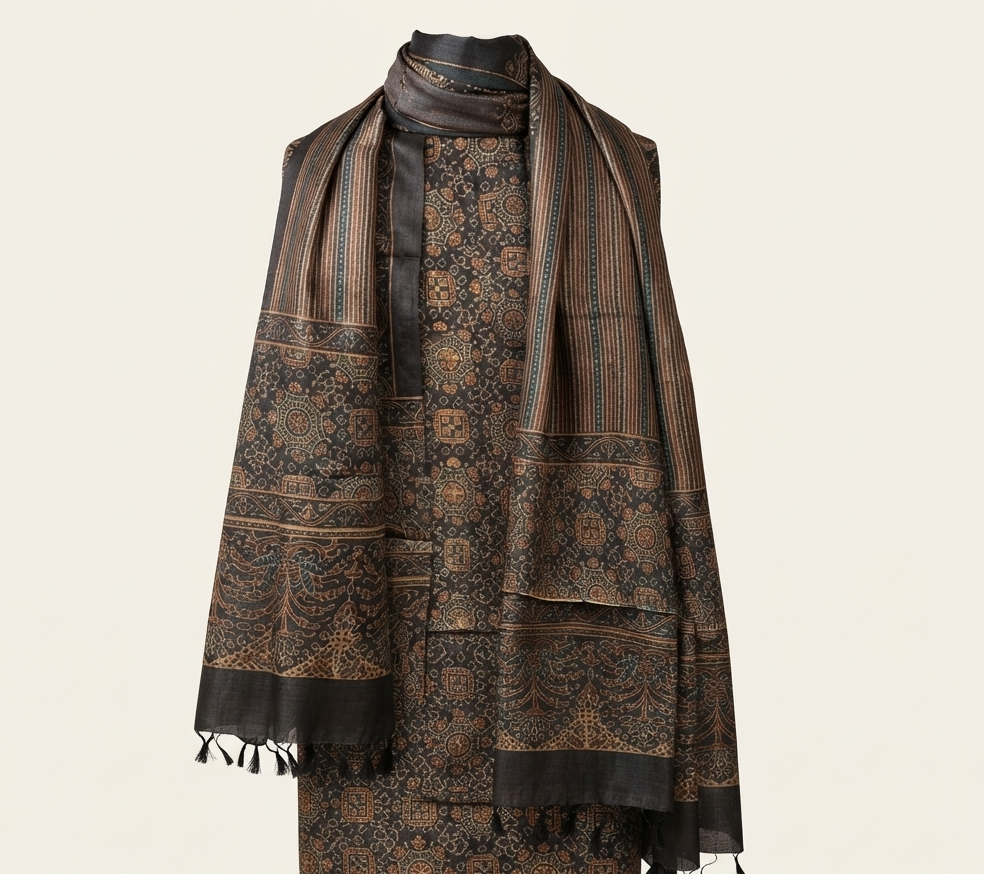 Ajrakh Hand Block Printed Tussar Silk kurta fabric with dupatta: Charcoal grey ground with ecru