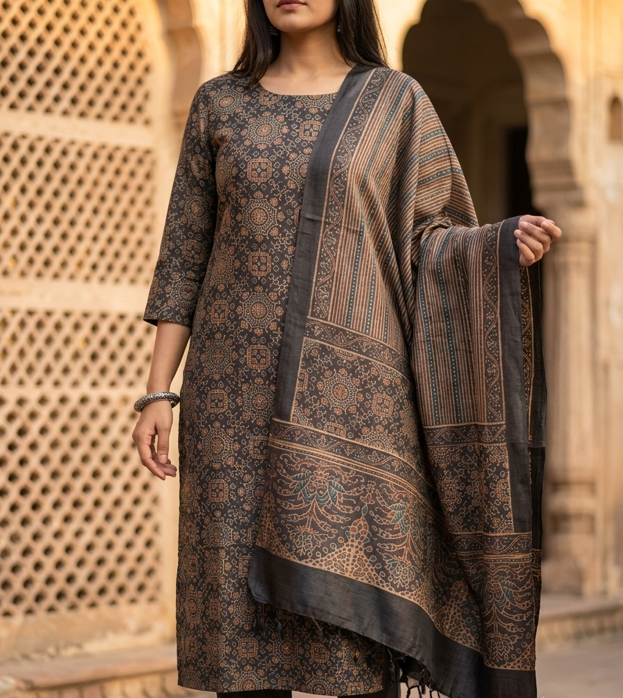 Ajrakh Hand Block Printed Tussar Silk kurta fabric with dupatta: Charcoal grey ground with ecru