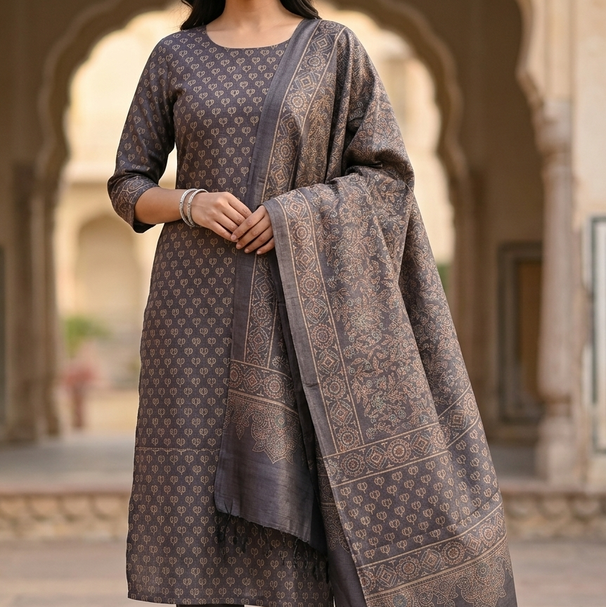 Charcoal Lotus Ajrakh Hand Block Printed Tussar Silk Kurta fabric with Dupatta