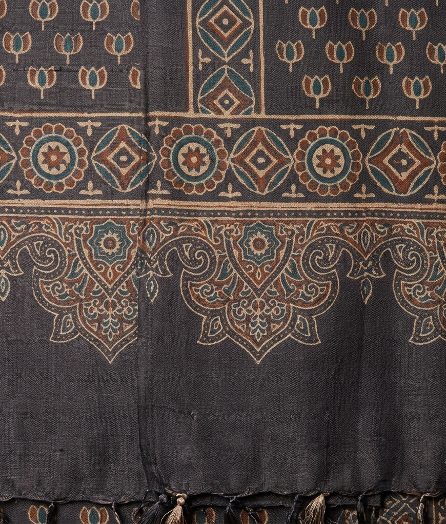 Charcoal Lotus Ajrakh Hand Block Printed Tussar Silk Kurta fabric with Dupatta