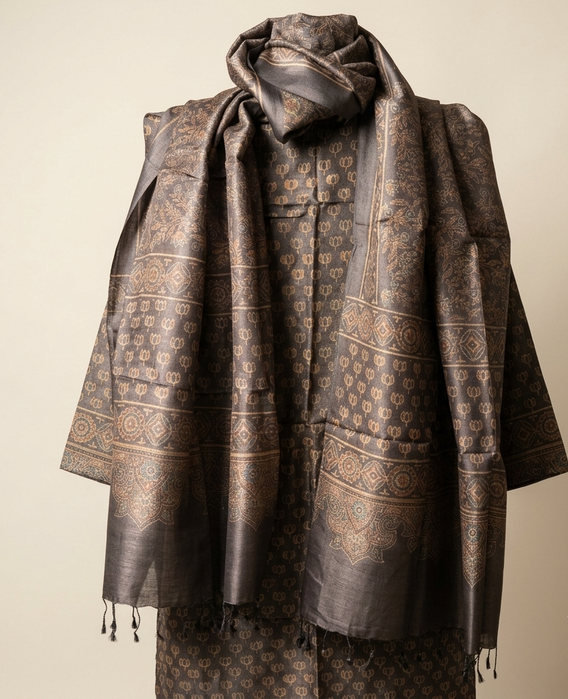 Charcoal Lotus Ajrakh Hand Block Printed Tussar Silk Kurta fabric with Dupatta