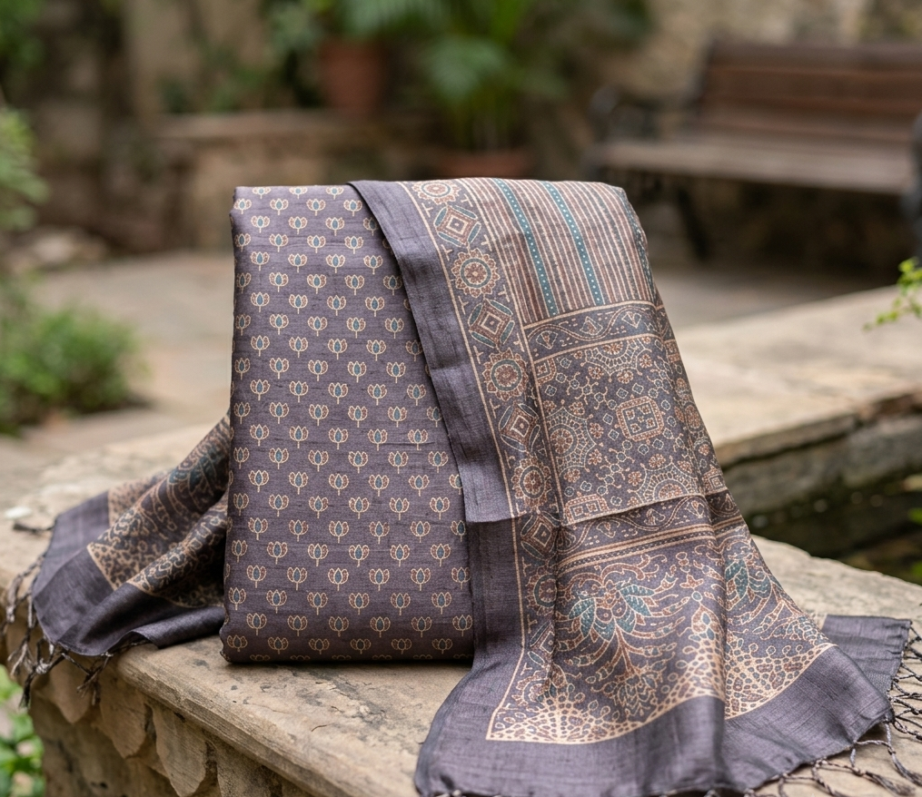 Charcoal Lotus Ajrakh Hand Block Printed Tussar Silk Kurta fabric with Dupatta