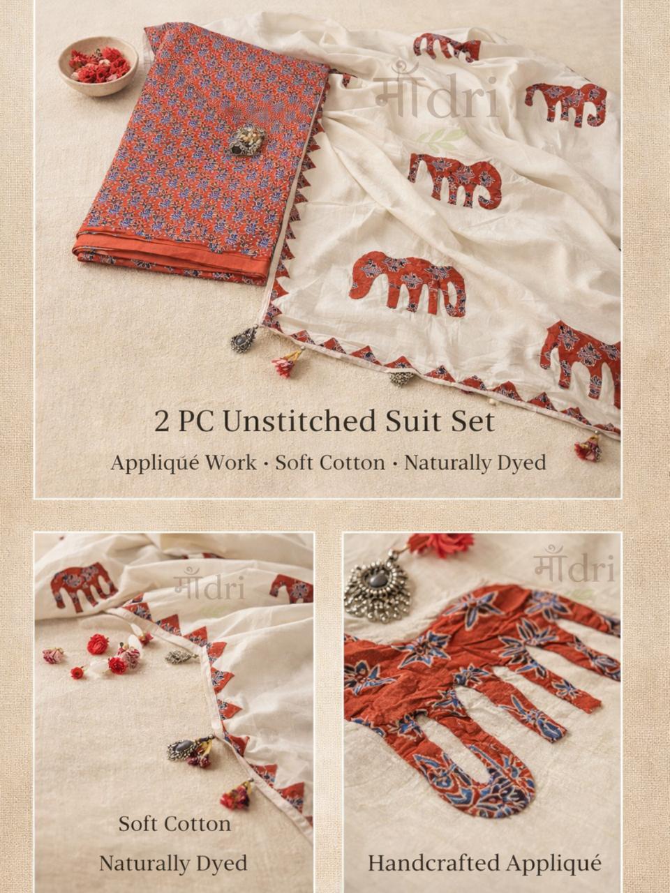 Premium 2 Pc Cotton Suit Set with natural dye and Appliqué & Handcrafted Dupatta