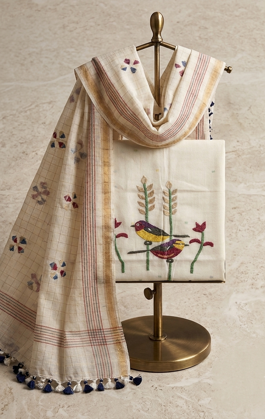 Handwoven Cotton Jamdani Suit Set - Ivory Songbirds