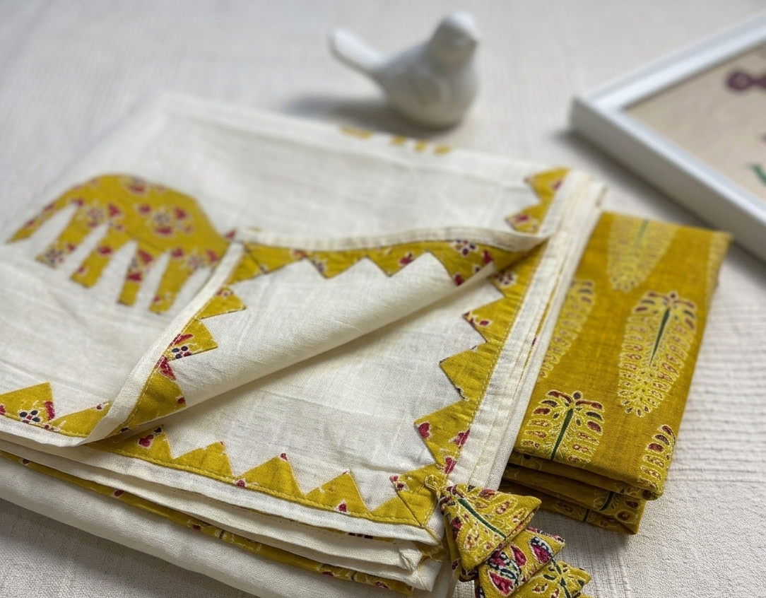 Ajrakh × Appliqué · Unstitched Kurta Set -Marigold