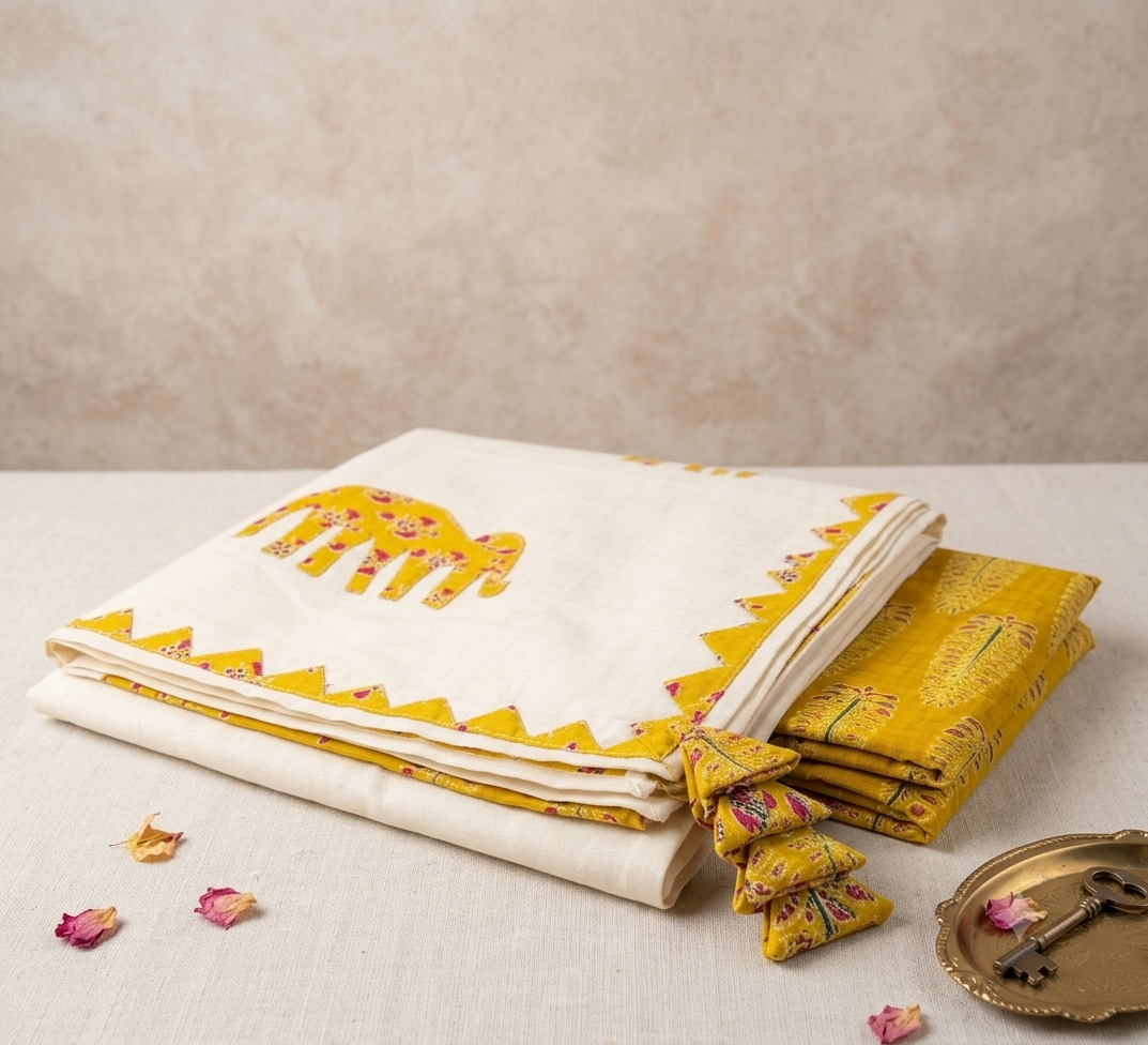 Ajrakh × Appliqué · Unstitched Kurta Set -Marigold